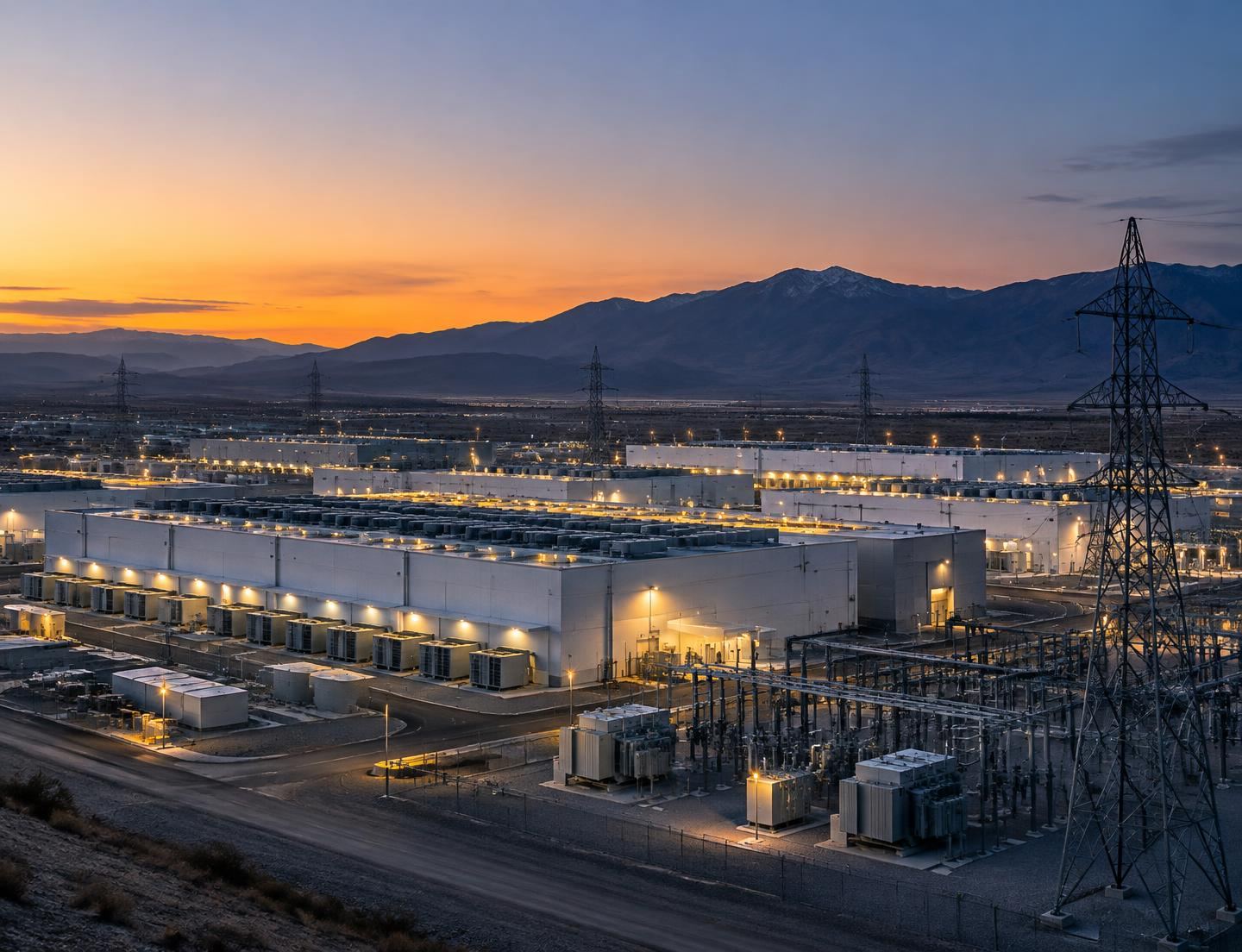 Data center campus at dusk