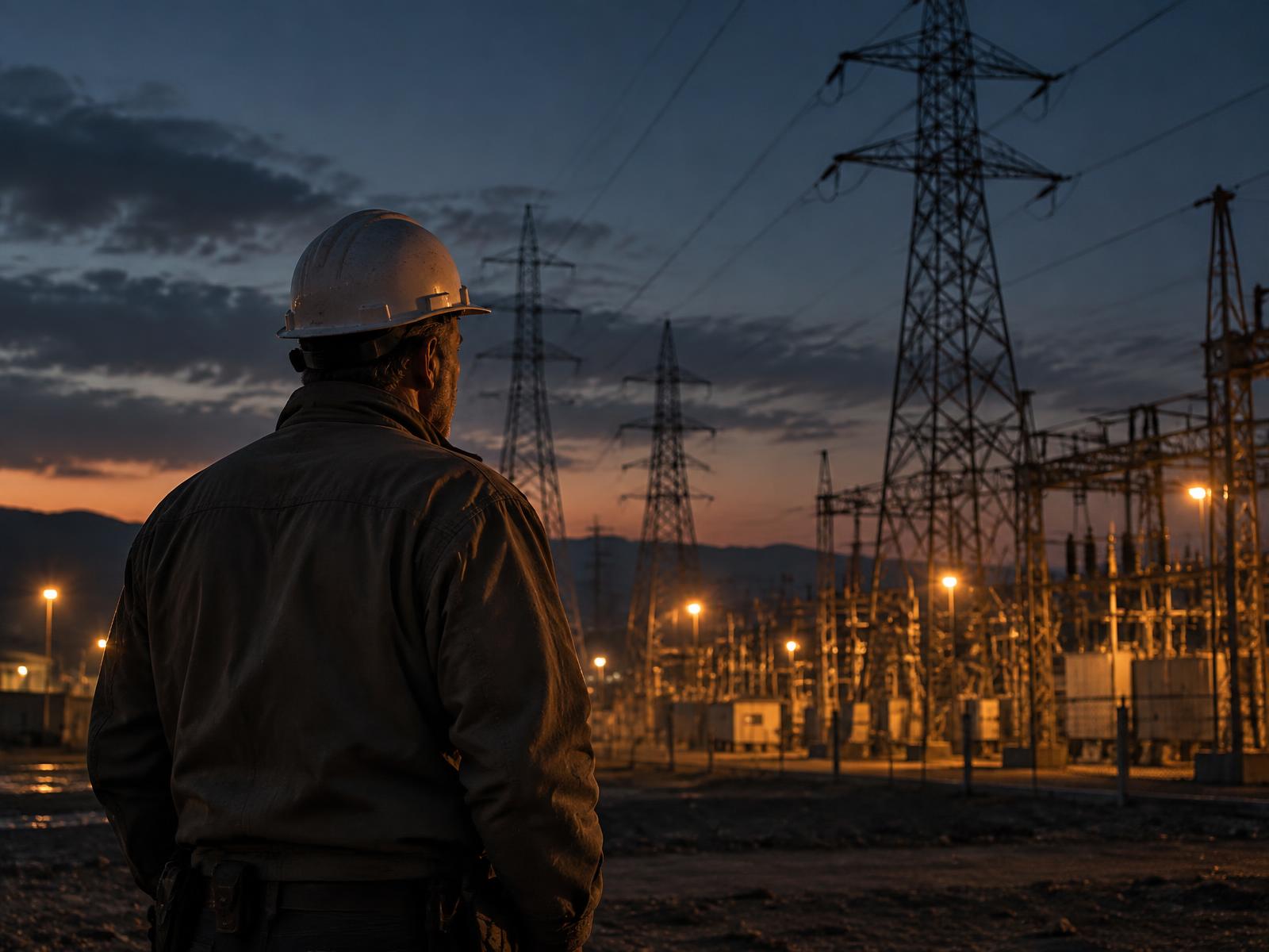 A veteran electrical worker in a hard hat looking over a transmission substation at dusk